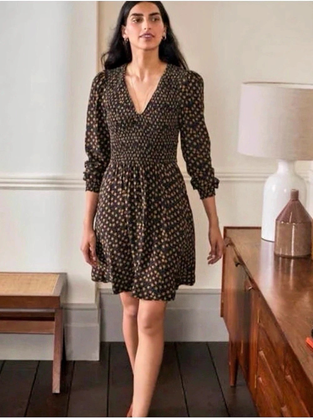 Boden V-Neck Smocked Gold Rush Dress